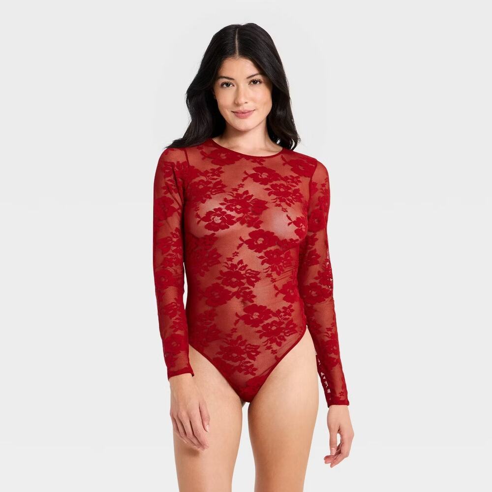 Women's Lace Long Sleeve Lingerie Bodysuit Avidlove Size Medium Red